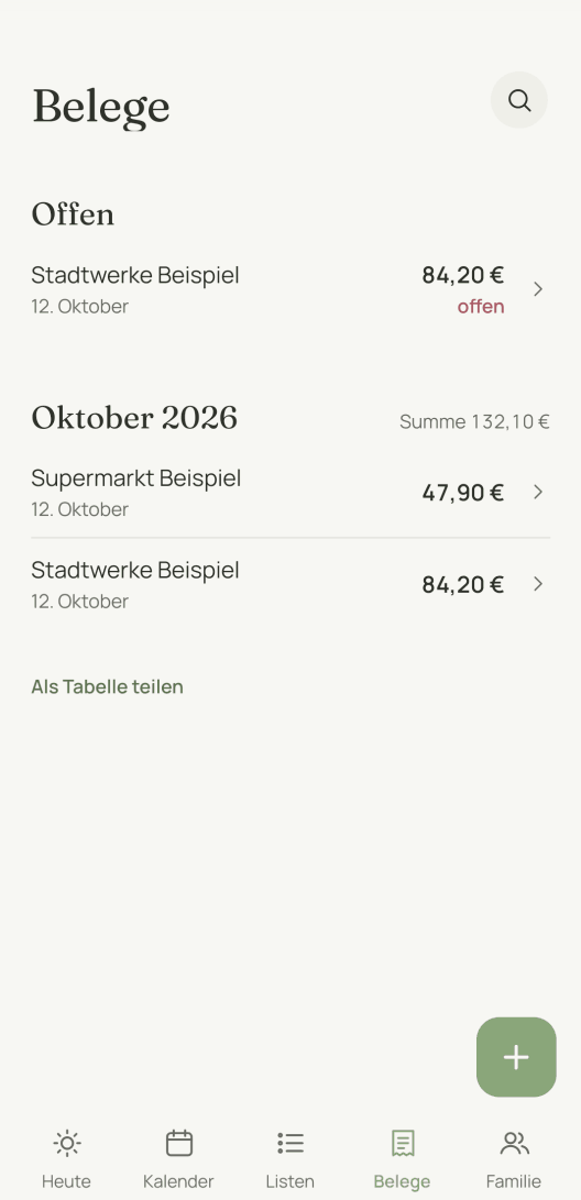 Die Belegliste. Ganz oben steht unter „Offen“, was noch zu zahlen ist, darunter der Monat mit seiner Summe.