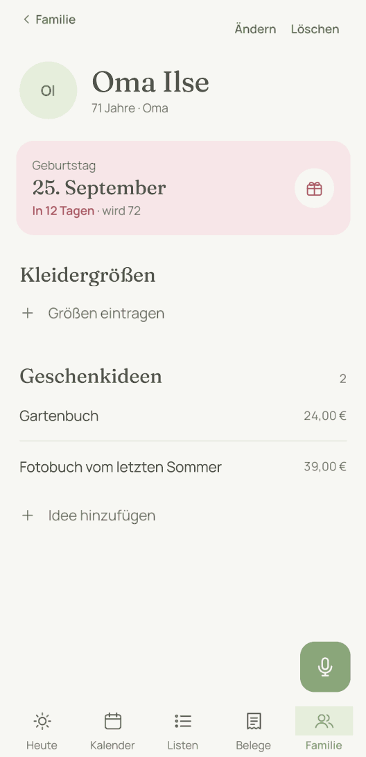 Die Seite einer Person, hier Oma Ilse. Oben steht ihr Geburtstag mit den Tagen bis dahin, darunter stehen Kleidergrößen und Geschenkideen mit Preisen.