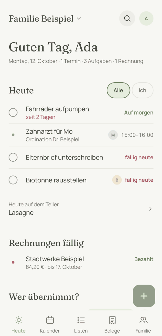 Die Heute-Ansicht der App. Untereinander stehen die Aufgaben und der Termin des Tages. Darunter folgen das Essen von heute, die fällige Rechnung und die Frage, wer einen Termin übernimmt.