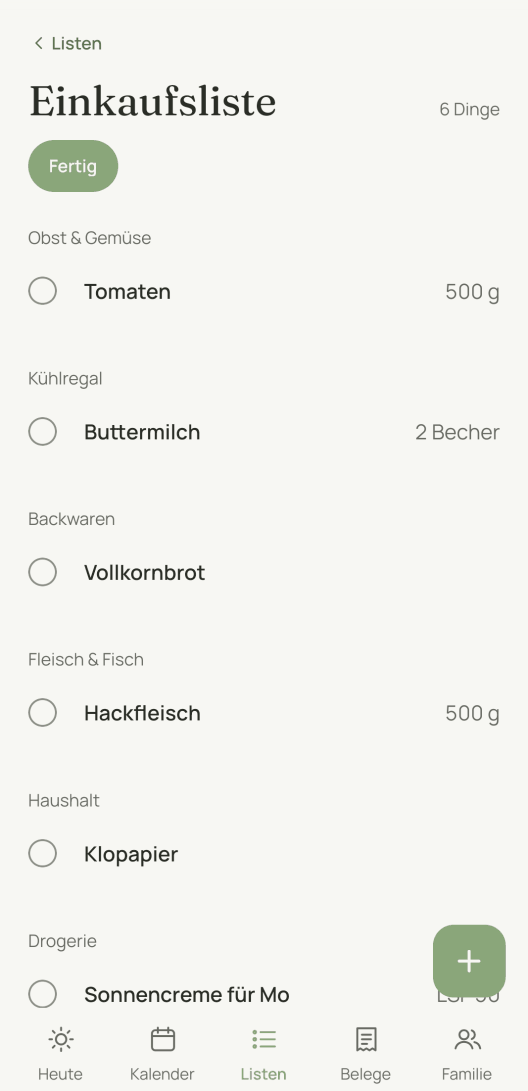 Die Einkaufsliste im Modus „Im Laden“. Die Zeilen sind höher und die Namen fett. Oben steht „Fertig“, und Teilen und Ändern fehlen.