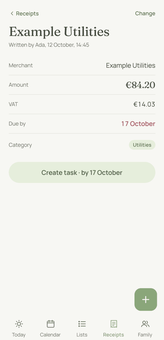 A receipt in the app, line by line: merchant, amount, VAT, due date and category. Below them a button turns it into a task to pay, with the same date.