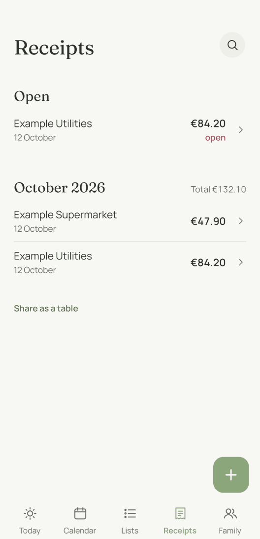 The receipts list. At the top, under "Open", is what still has to be paid, and below it the month with its total.