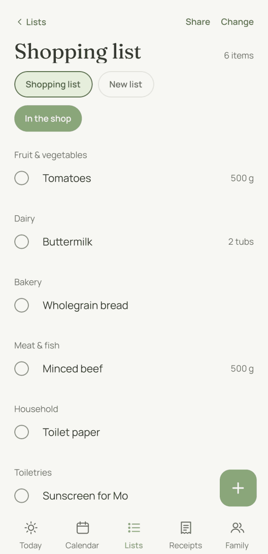 The family's shopping list, grouped by the areas of a supermarket: fruit and vegetables, dairy, bakery, meat and fish, household, toiletries. Some items carry a quantity.