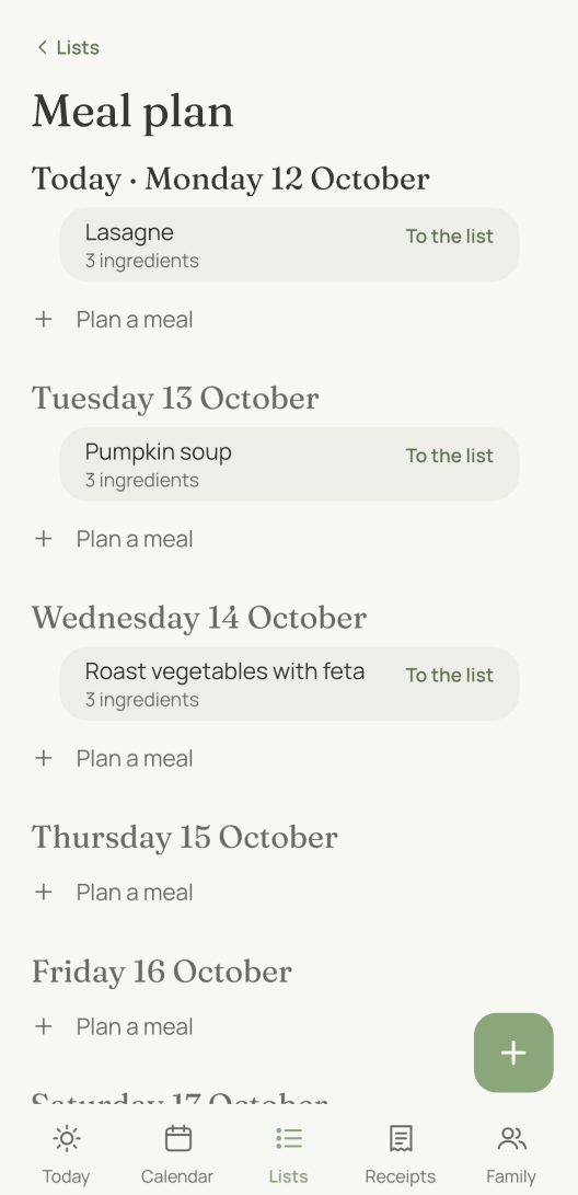 The meal plan for the week. Each of the first three days has a dish with the number of its ingredients, and "To the list" beside it. The other days are still empty.