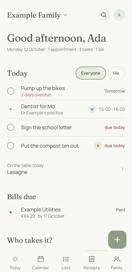 The app's Today view. The day's tasks and its appointment are listed one under the other. Below them come today's meal, the bill that is due and the question of who takes an appointment.