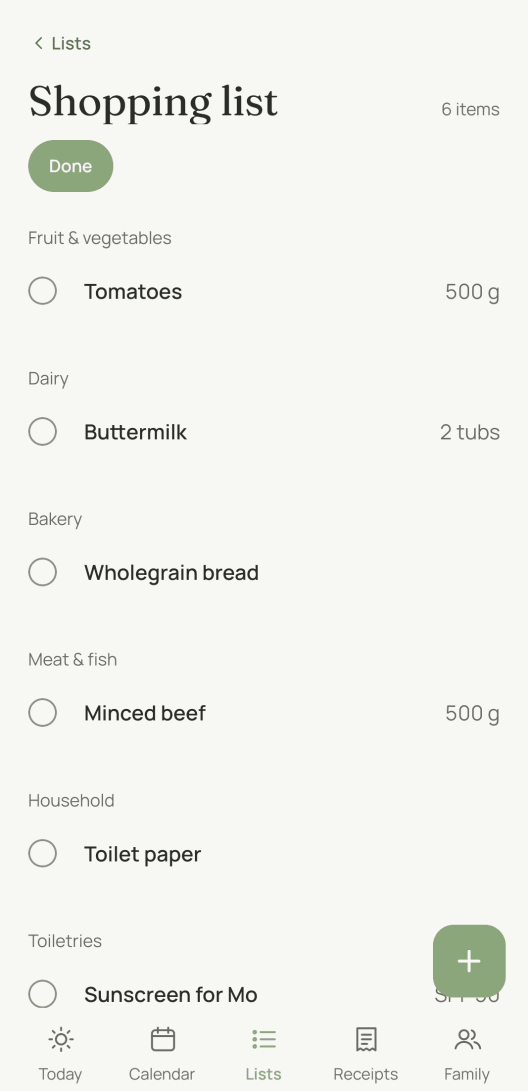 The shopping list in "In the shop" mode. The rows are taller and the names bold. "Done" is at the top, and Share and Change are gone.