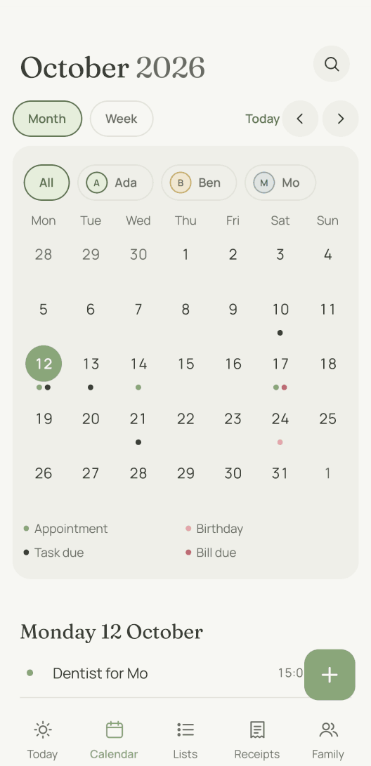 The month as a grid. Coloured dots under the days mark appointments, birthdays, tasks due and bills due, and the entries of the chosen day are listed below.