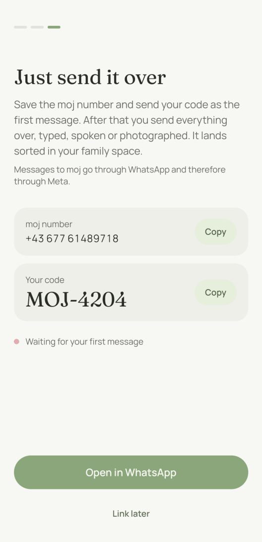 The linking screen. It shows the moj number, below it a code of the form MOJ-1374 to copy, and the sentence that messages to moj go through WhatsApp and therefore through Meta.